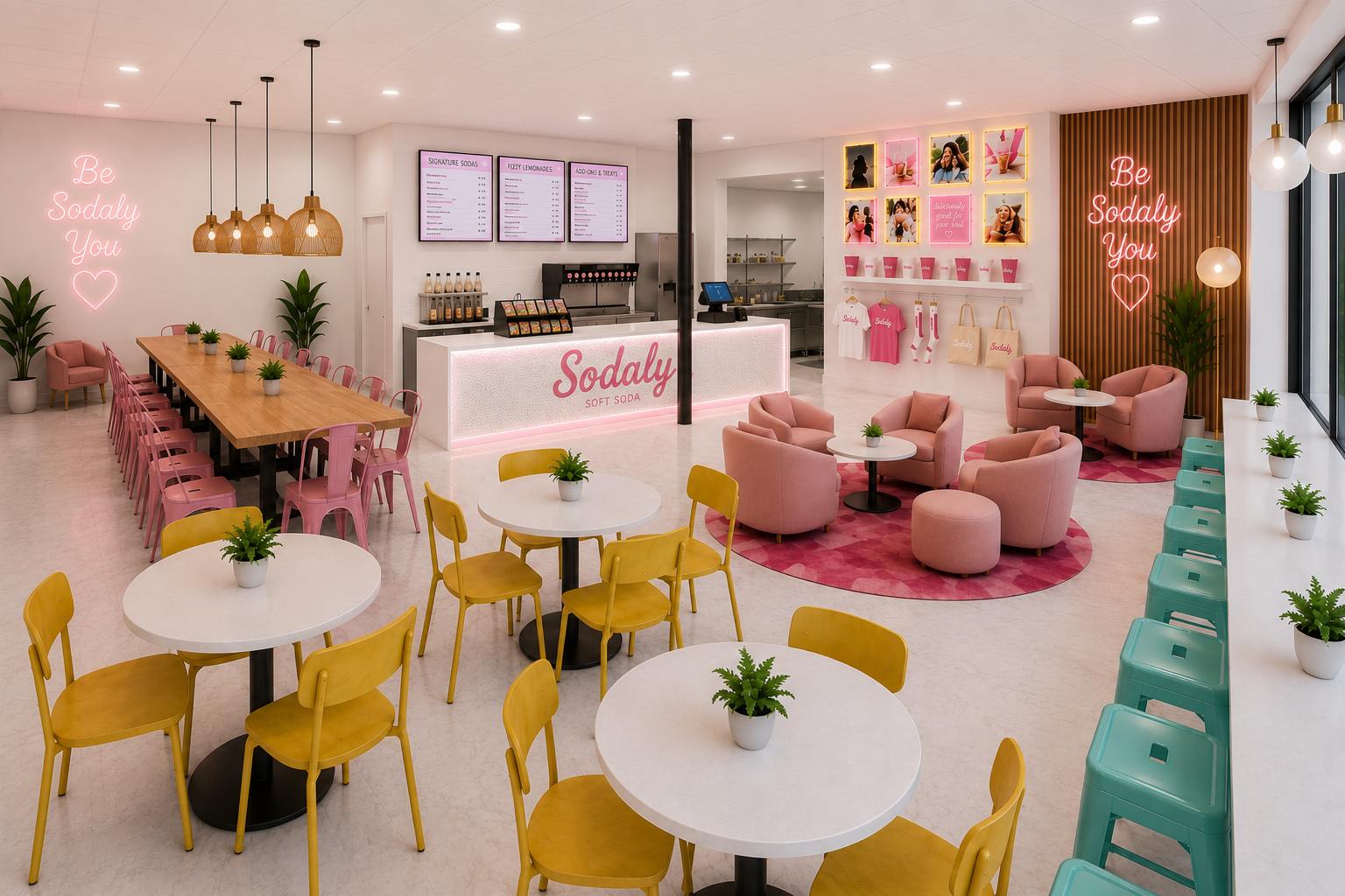 Colorful interior of Sodaly youth-friendly soda shop in Blaine MN — pink seating, yellow chairs, teal accents